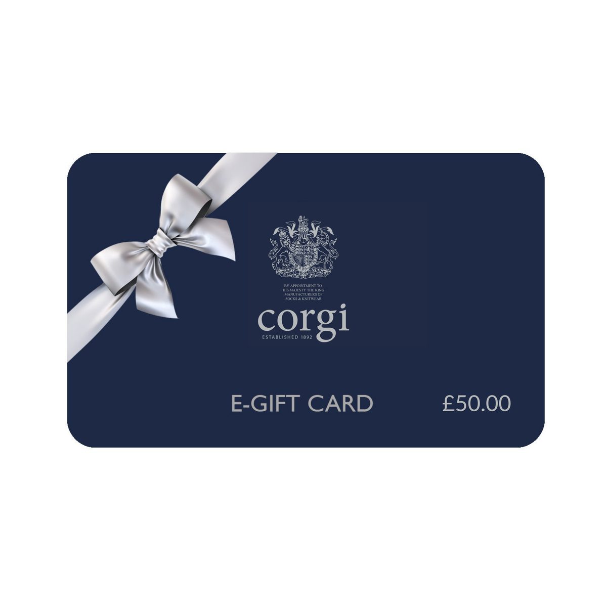 Corgi e-gift card with a blue background, white bow, and £50.00 value.