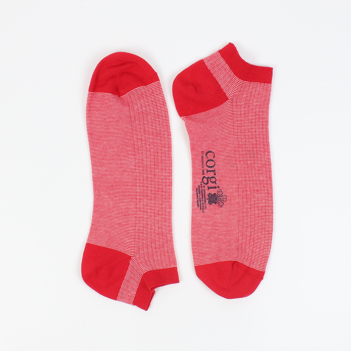 Red men's trainer socks with a striped pattern branded with 'Corgi'.