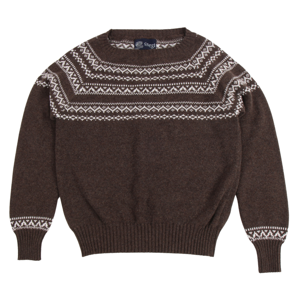 A dark brown knit sweater with a white Fair Isle pattern across the yoke and cuffs, laid flat on a white background. The brand label inside the collar reads 'Corgi'.