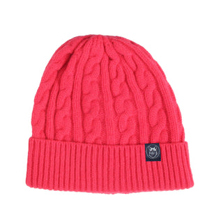 Pink knit beanie with a brand label on a white background
