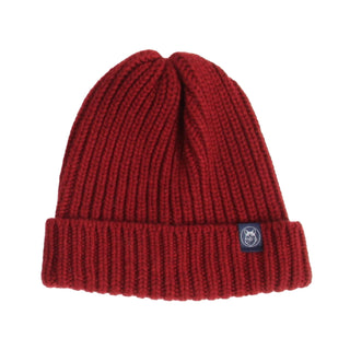 Red knit beanie with a brand logo on a white background