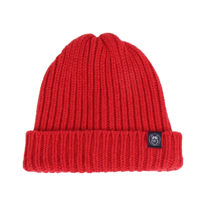 Red knit beanie with a brand logo on a white background