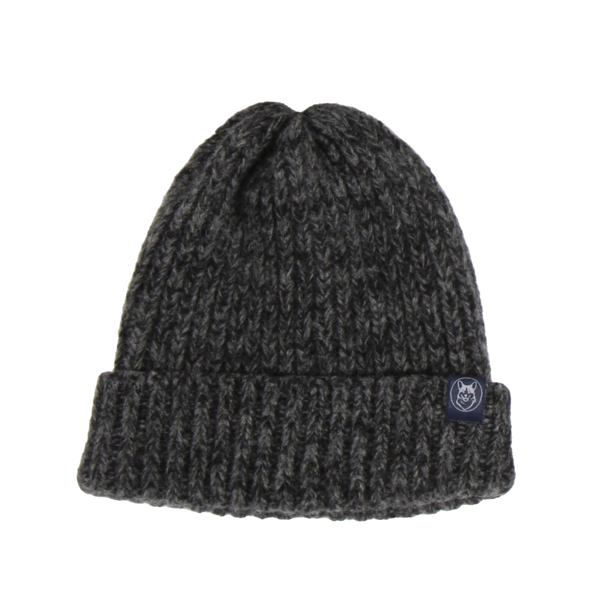 Gray knit beanie with a brand logo on a white background