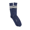 Blue sock with a white stripe on a white background