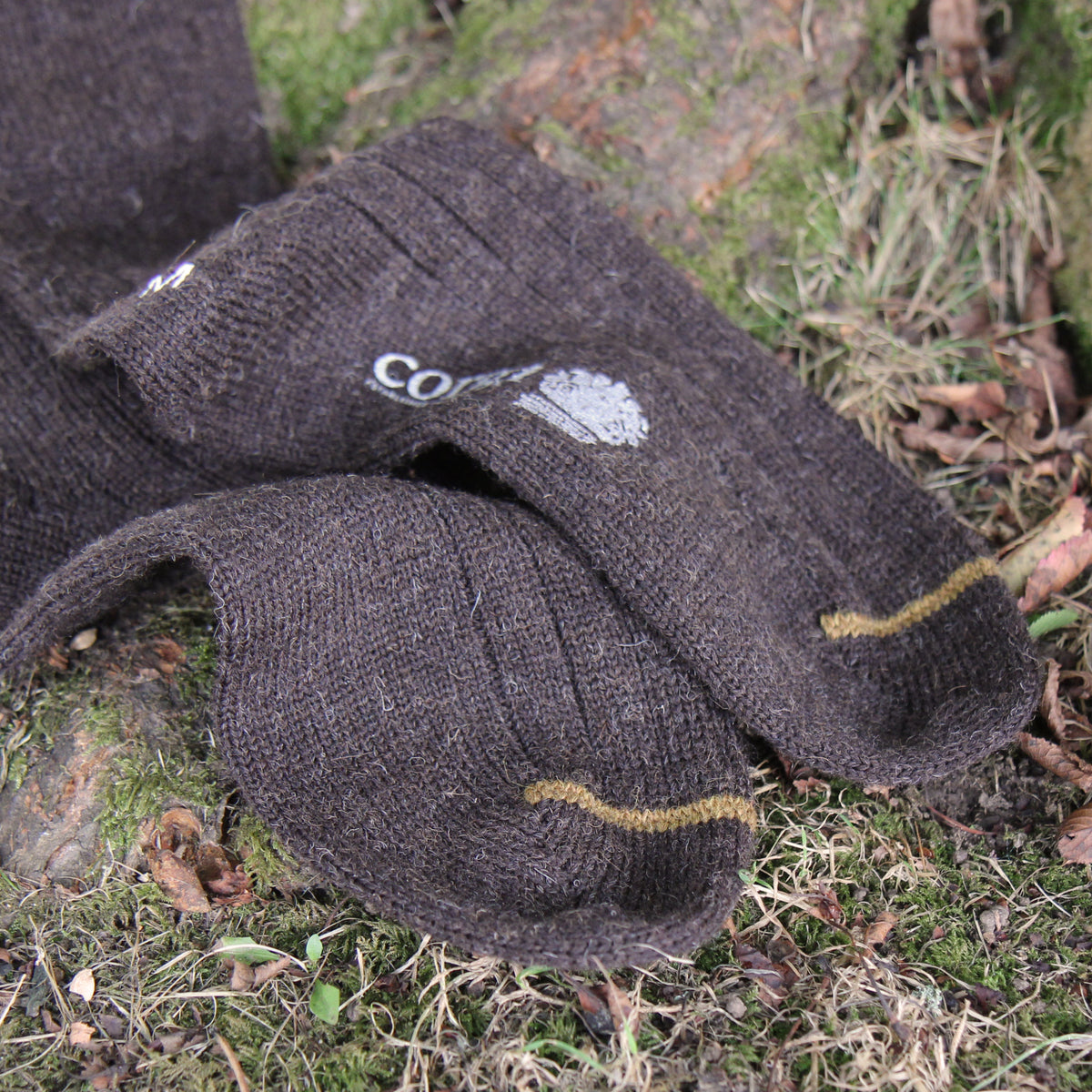 A pair of dark brown knit socks with a white embroidered Corgi logo and a gold stripe near the toe, resting on mossy ground outdoors.