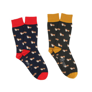 Two pairs of socks with an all over corgi dog pattern design photographed on a white background