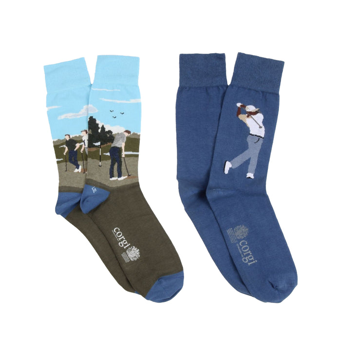 Two pairs of socks with golf-themed designs photographed on a white background
