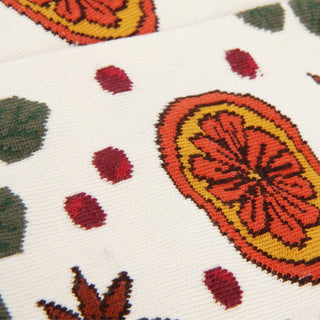 Close-up of a knitted fabric with floral patterns on a white background