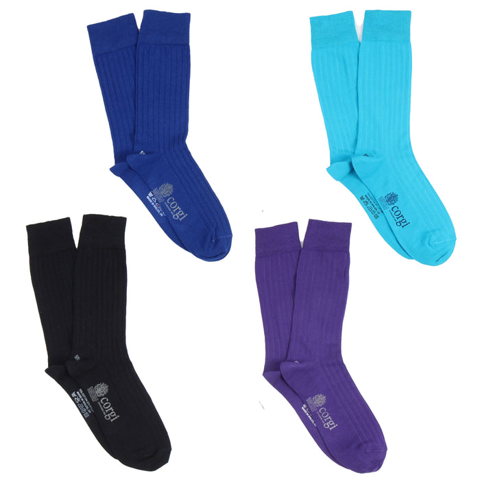 Set of four pairs of socks in blue, navy, purple, and turquoise on a white background.