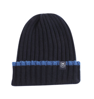 Navy ribbed cashmere hat with a contrasting tip colour on its turn up brim