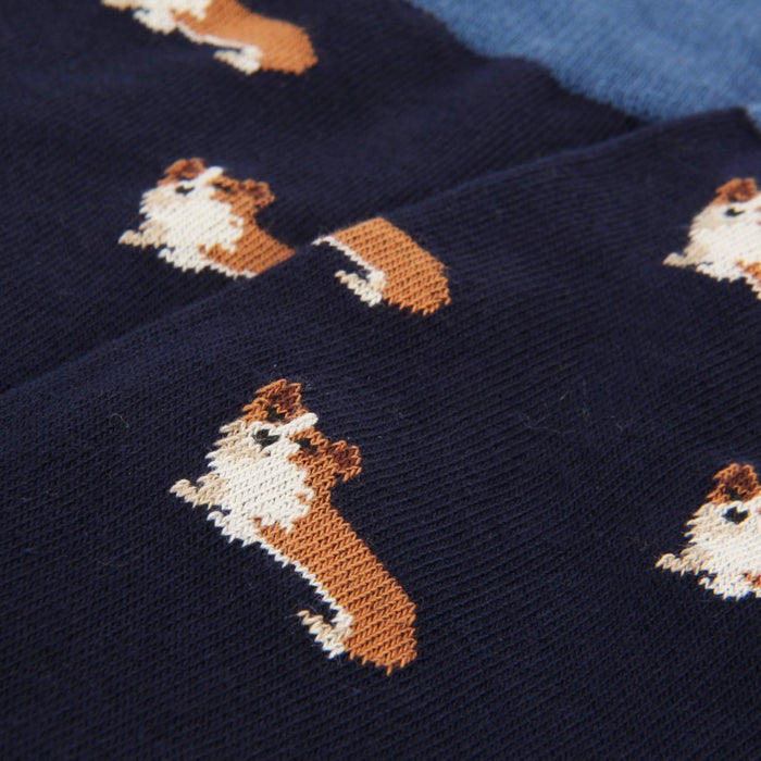 Navy blue socks with beige corgi dog pattern