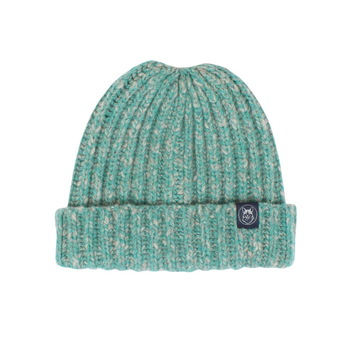 green cashmere blend beanie on a white background