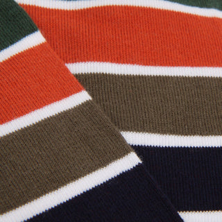 Close-up of a striped fabric with red, green, brown, and navy colors.