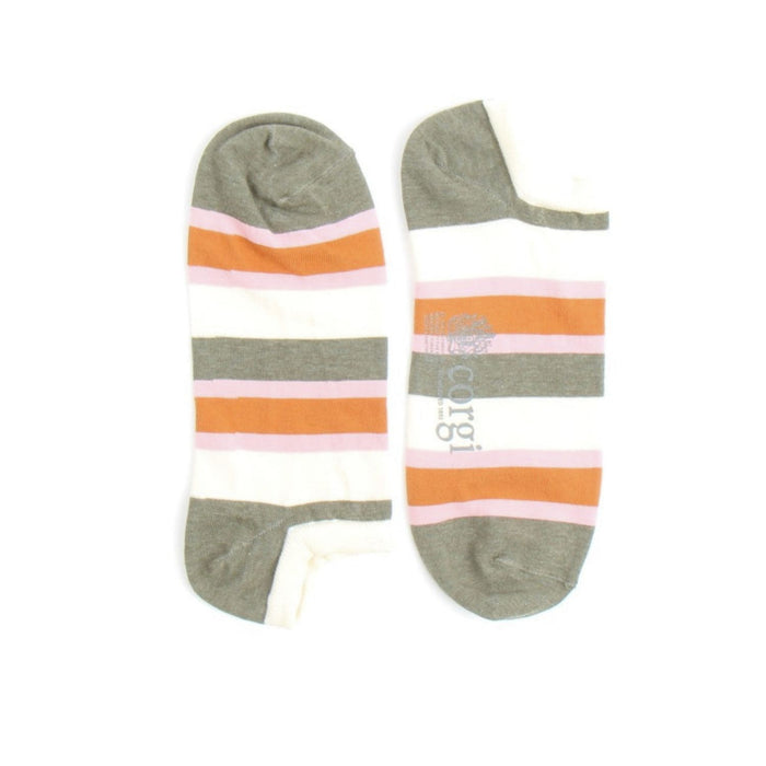 Two striped socks with orange, pink, and green pattern on a white background