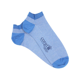 Blue men's trainer socks with a striped pattern branded with 'Corgi'.