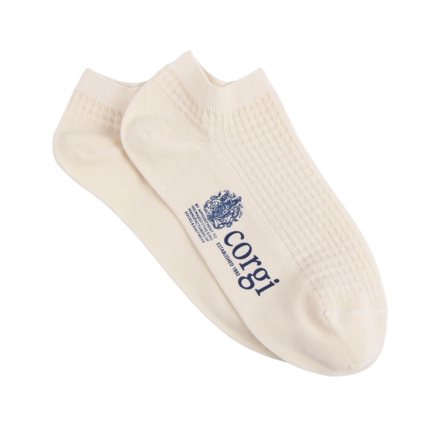 Pair of cream-colored socks with a blue 'Corgi' logo on a white background