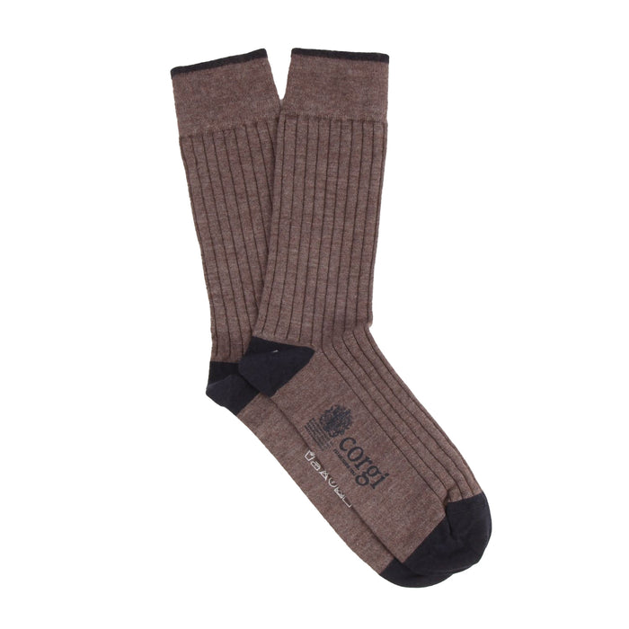 Brown sock with black accents on a white background