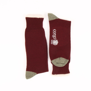 Pair of maroon socks with khaki toes and cream tipped cuffs on a white background, featuring 'corgi' branding.