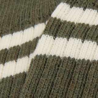 Close-up of a knitted fabric with green and white stripes
