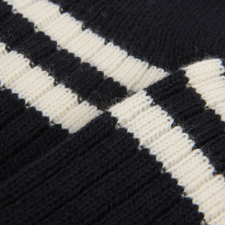 Close-up of navy and white striped sock fabric texture