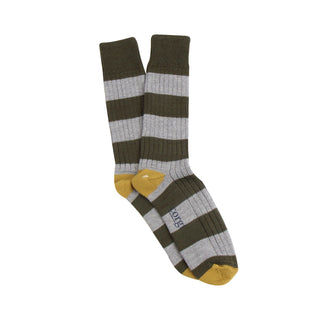 rugby stripe sock in green and grey with a gold heel and toe photographed on a white background