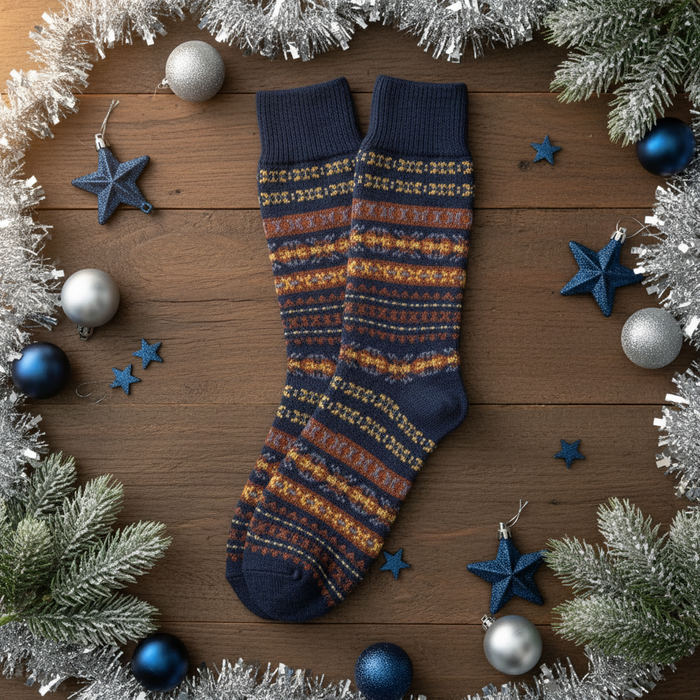 Pair of blue socks with a pattern on a white background
