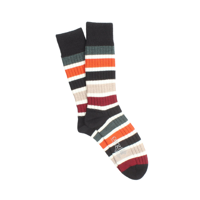 Pair of striped socks with black, red, white, and grey colours photographed on a white background