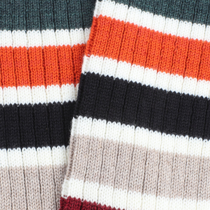 Close-up of striped sock fabric with red, orange, white, black, and gray colours.