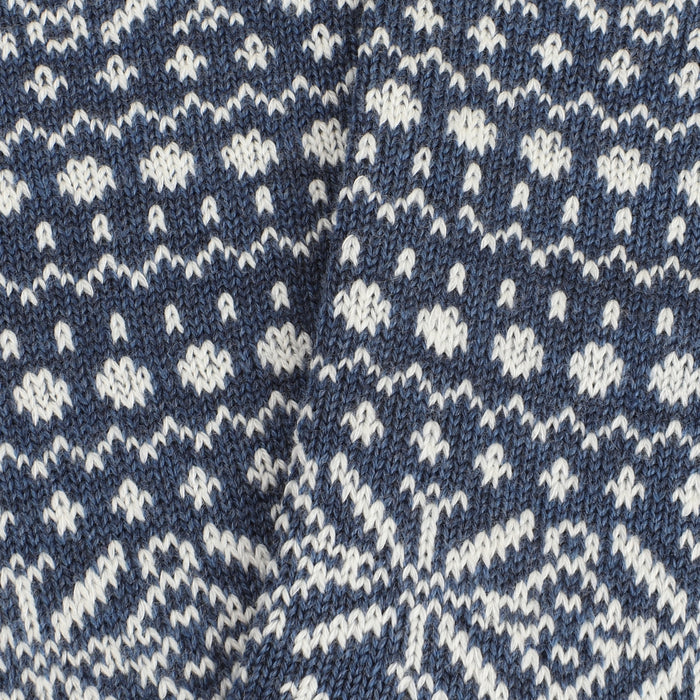 Close-up of a blue and white knitted fabric with a pattern