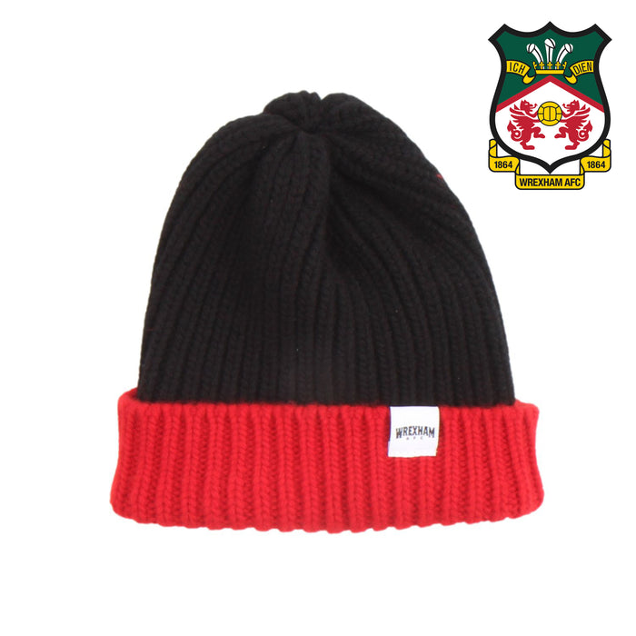 Black and red beanie with a logo in the corner on a white background
