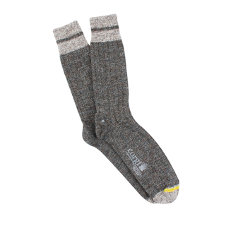 A pair of men's striped cuff British wool socks in gray with a subtle neon flash on the toe, designed for comfort and sustainability.