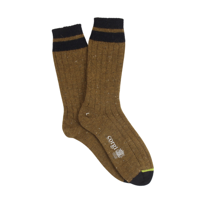 Pair of loden socks with navy cuffs and toes on a white background
