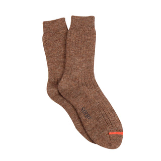 Brown sock with a orange toe detail on a white background
