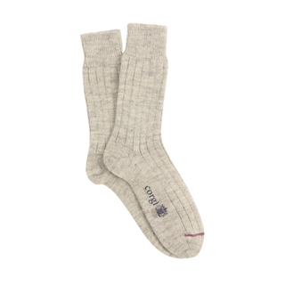 Pair of silver socks with a brand logo on a white background