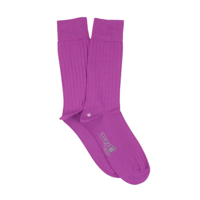 A pair of purple merino wool socks designed for men
