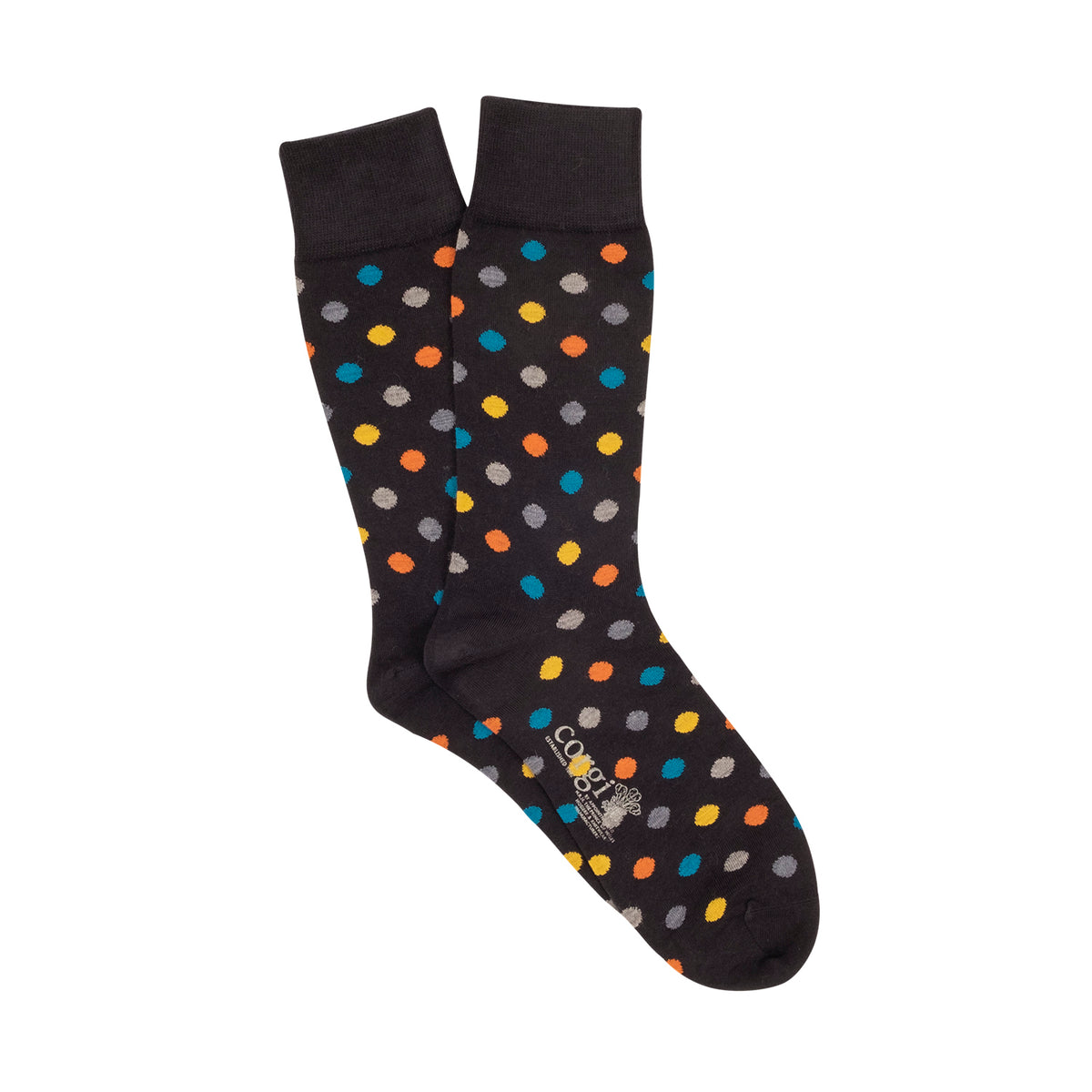 Navy sock with multicolored dots on a white background