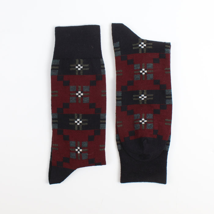 Pair of socks with geometric pattern on a white background