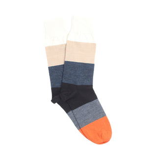 Colour-blocked sock with beige, blue, navy, and orange stripes on a white background