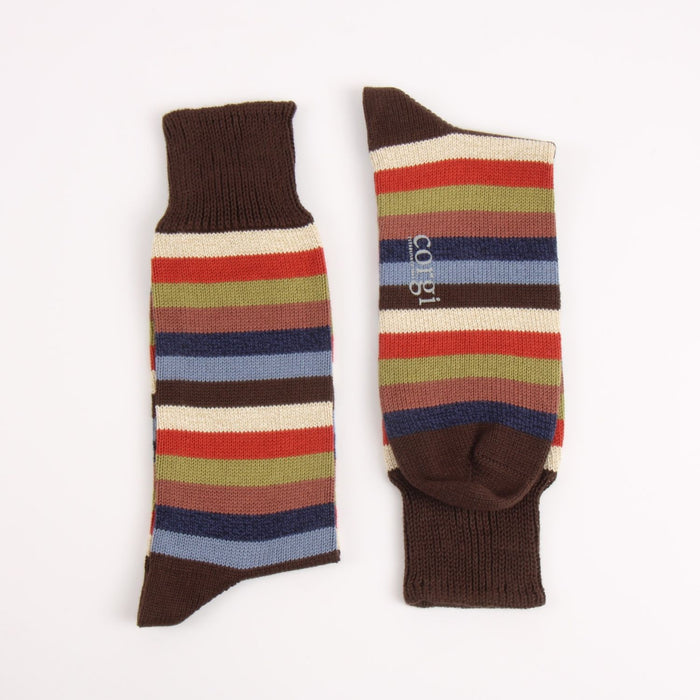Pair of striped socks with brown cuffs and toes on a white background