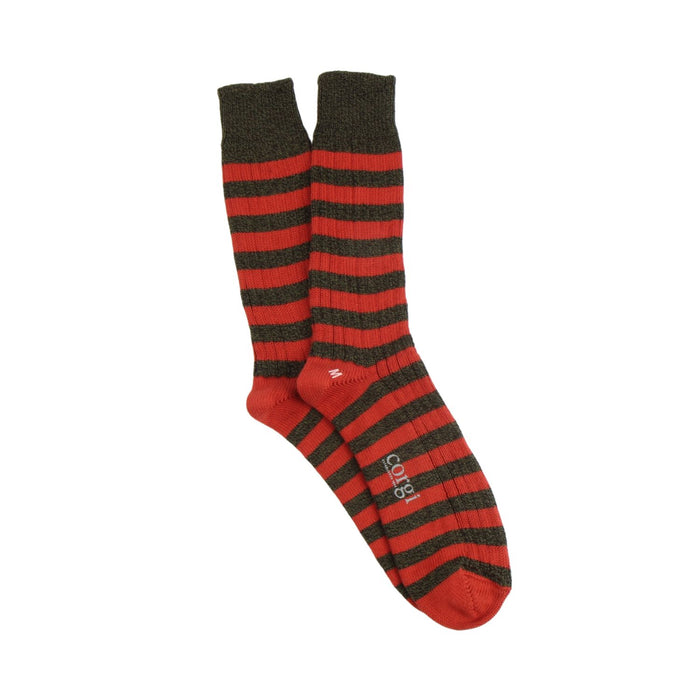 deep orange and green striped sock on a white background