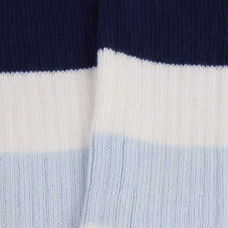 Close-up of a sock with navy, white, and light blue horizontal stripes.