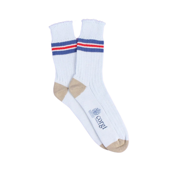 Pale blue socks with blue and red stripes on a white background