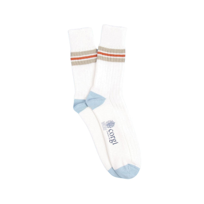 White sock with blue accents and striped pattern on a white background