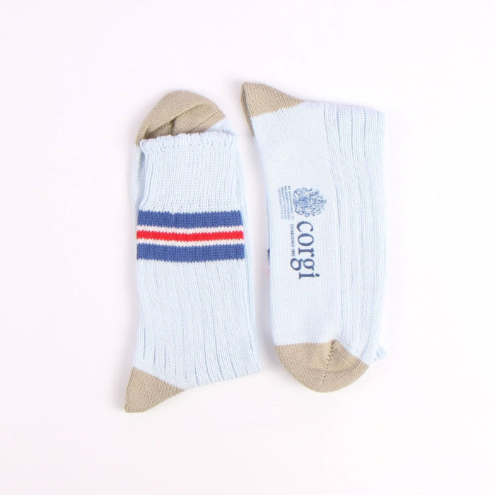 Pair of socks with striped pattern and 'corgi' branding on a white background