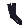 A pair of men's formal woven check cotton socks in navy and blue on a white background,