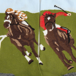 close up of a horse racing scene with green and blue background, brown horse and two different jockey shirt colours, checked and red.