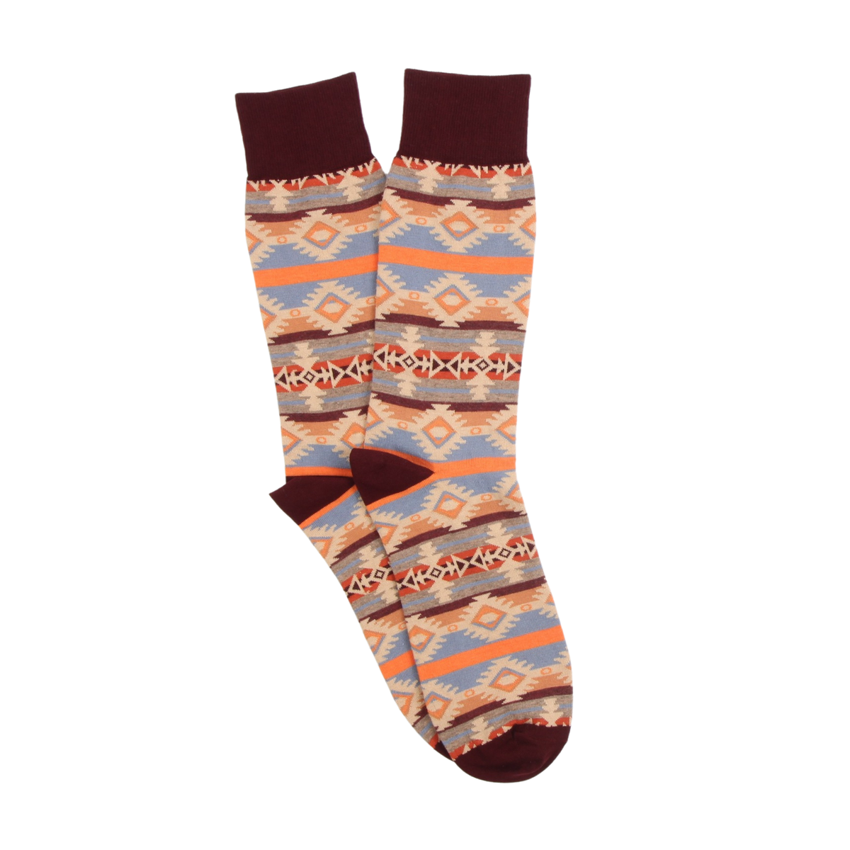 Patterned sock with brown, orange, and blue design on a white background