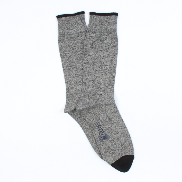 A pair of men's marl cotton socks in a mid-calf length with a ribbed cuff, featuring a subtle pattern and the brand 'Corgi' visible on the foot area.
