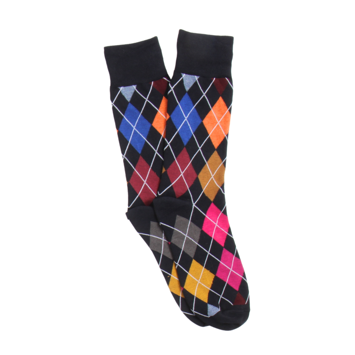 Colorful argyle patterned socks on a white background
