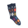 Navy sock with multicolor diamond pattern on a white background